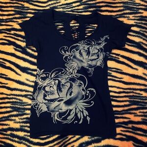 Wet Seal Black Graphic Cut Out Tee